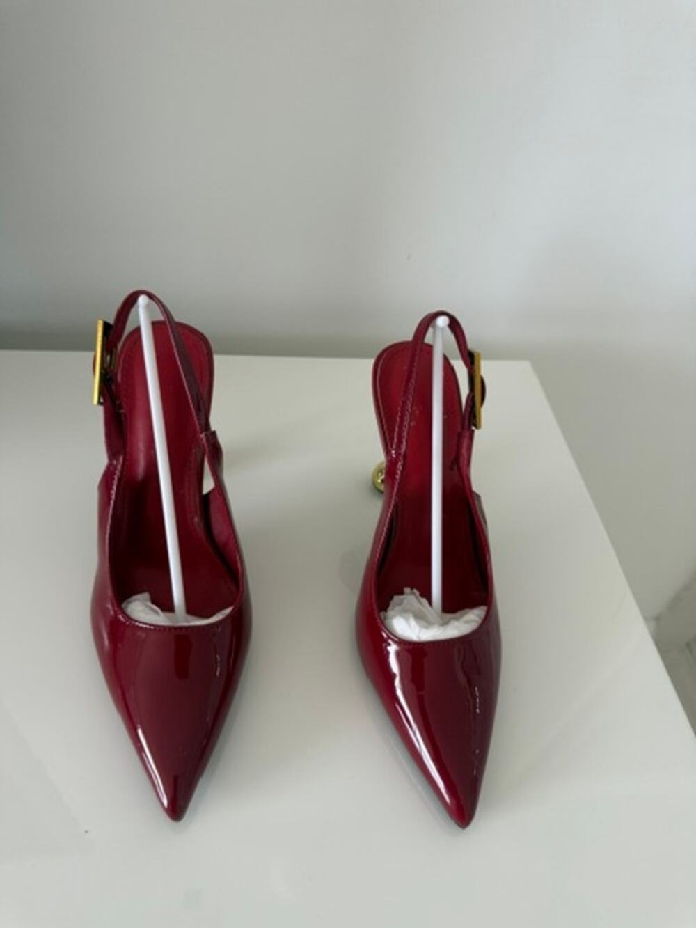 Burgundy Patent Slingback Heels with Gold Ball Stiletto